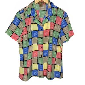 VTG Notations Rainbow Window Pane Print Short Sleeve Button Up Shirt Large